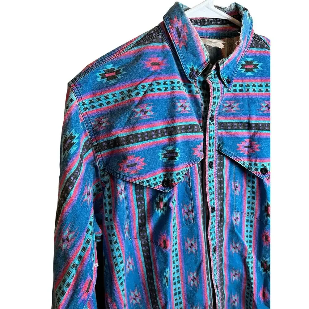 Vintage 90s Distressed Aztec Western Button Up Shirt Cowboy Embroidered XL - Picture 2 of 8